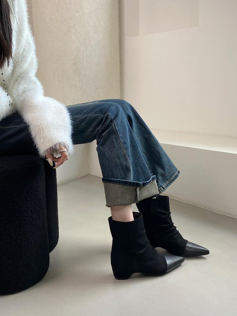 Women's shoes real shot pointed retro elastic boots autumn and winter suede splicing thin boots rear zipper versatile solid color