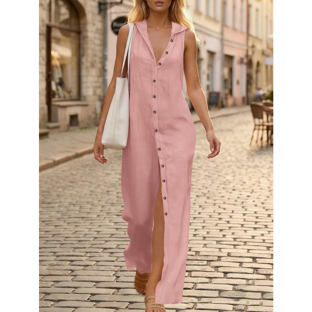 Spring Summer Solid Color Sleeveless Hooded Dress, Casual Single-breasted Cardigan Cover Up For Women
