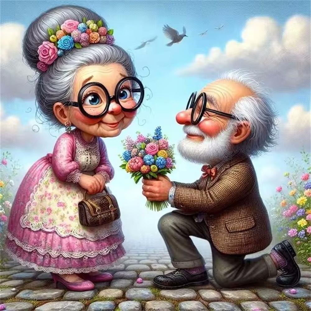 Cartoon Happy Old Couple 5D Full Round Diamond Painting Kits, Cute Grandma and Grandpa DIY Drills Mosaic Embroidery Cross-stitch