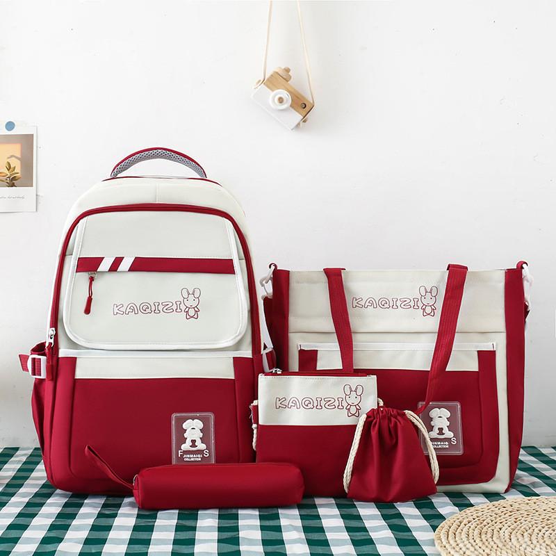Canvas Casual Backpack Five Piece Set For Students With Rabbit Letter Pattern For School Use