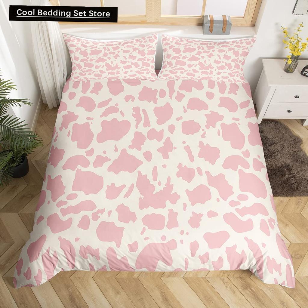 Milk Cow King Queen Duvet Cover Pink White Cartoon Animal Strawberry Bedding Set for Kids Boys Girls Cow Print Soft Quilt Cover