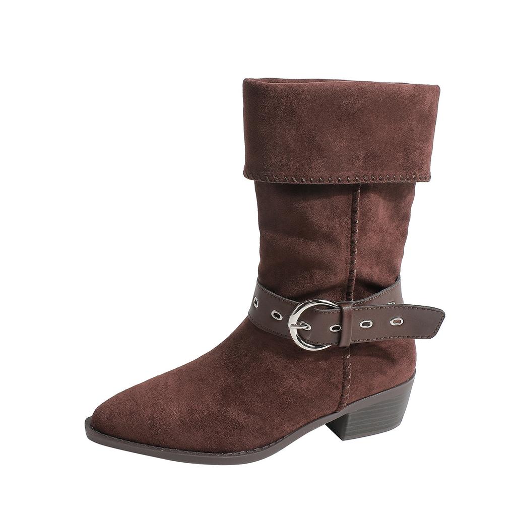 Suede retro mid-tube pointed boots 2025 autumn belt buckle knight booties mid-heel pleated western cowboy pile boots