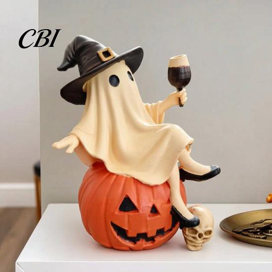 Spooky Desktop Ornament Cute Ghost Figurine, Sitting on Pumpkin Statue with Witch Halloween Gifts for Women Hat, Resin Tabletop Home Party Decor