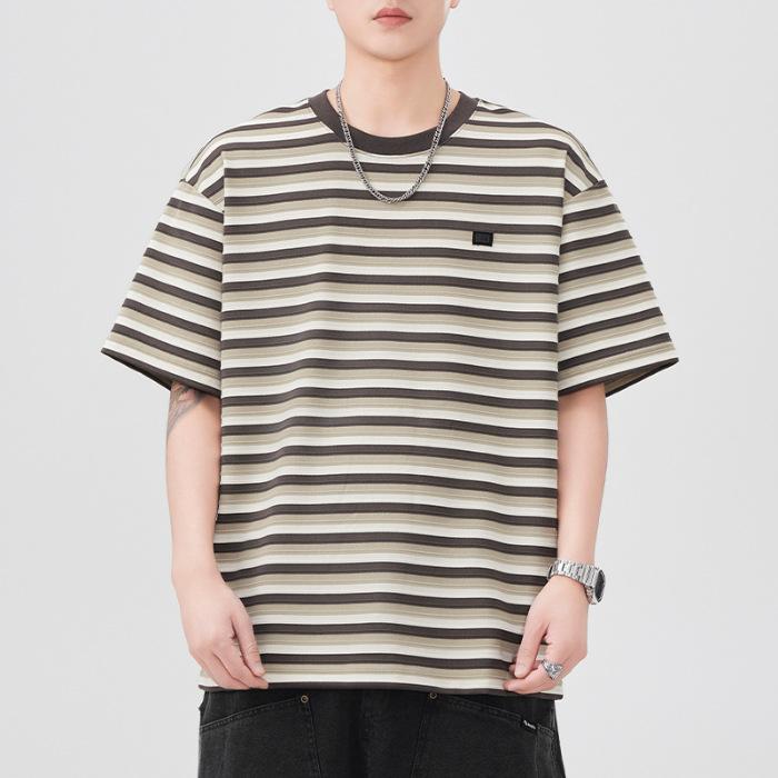 Striped Short-sleeved T-shirt for Men's Summer New Round Neck T-shirt Versatile Casual Retro Embroidery Logo
