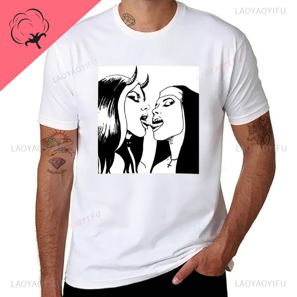Sexy Bad Nun Lesbian Kiss Nun Bondage Satanic BDSM Cotton TShirt Funny Customs Harajuku Shortsleev Graphic Printed Tshirt