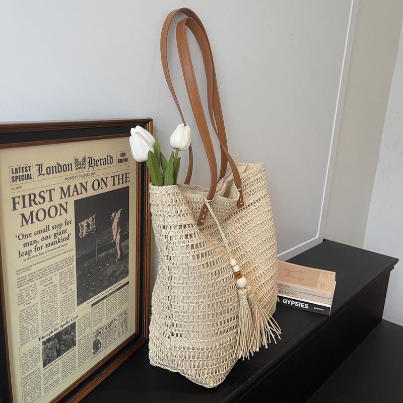 Borsa Tote in Paglia Intrecciata con Manici in Pelle Dettaglio Frangia Borsa da Spiaggia Estiva Moda Donna Grande Capienza