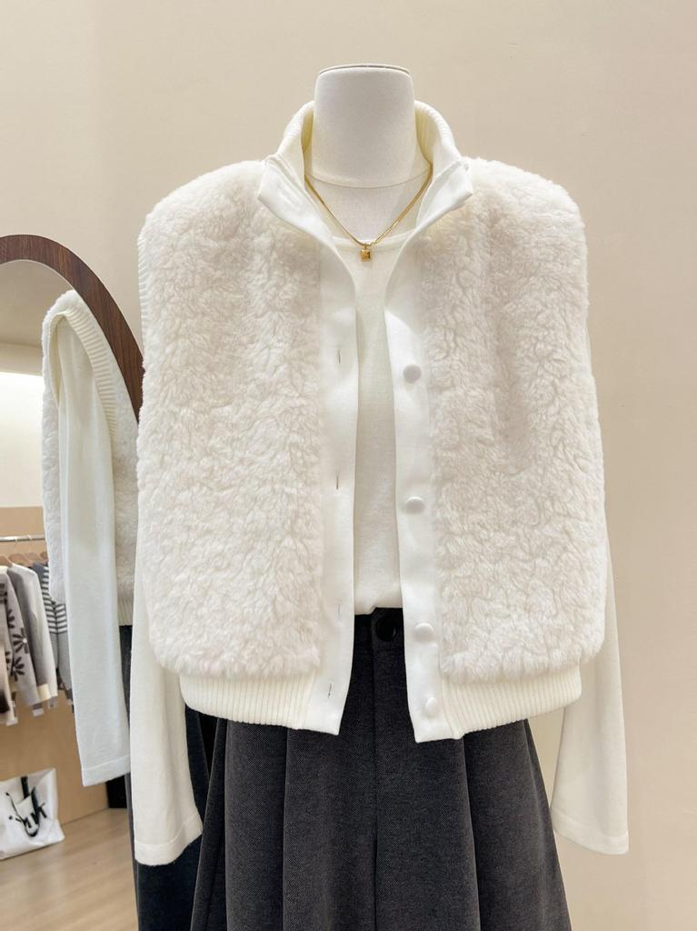 Women's Winter White Knit Vest - High-End, Stylish, Layered, Thickened Plush Patchwork