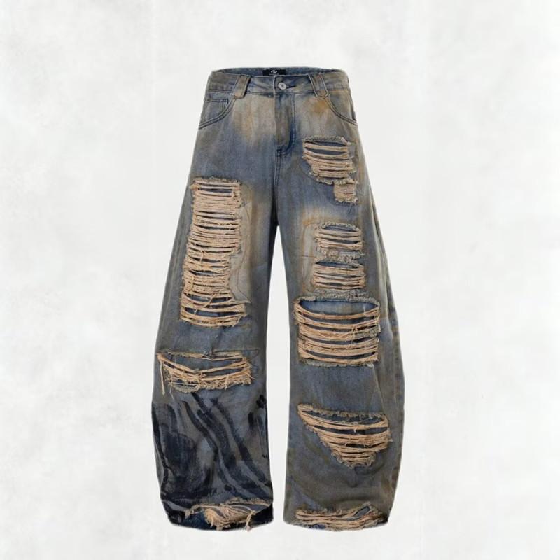 American high street retro washed old summer ripped jeans men's loose straight trendy brand ruffian handsome wide-leg pants
