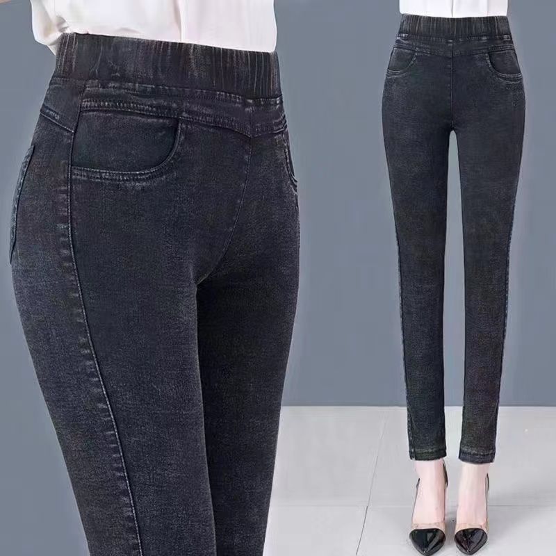 High-Waisted Elastic Plus-Size Pencil Pants for Middle-Aged Women – Spring/Autumn Imitation Denim Leggings
