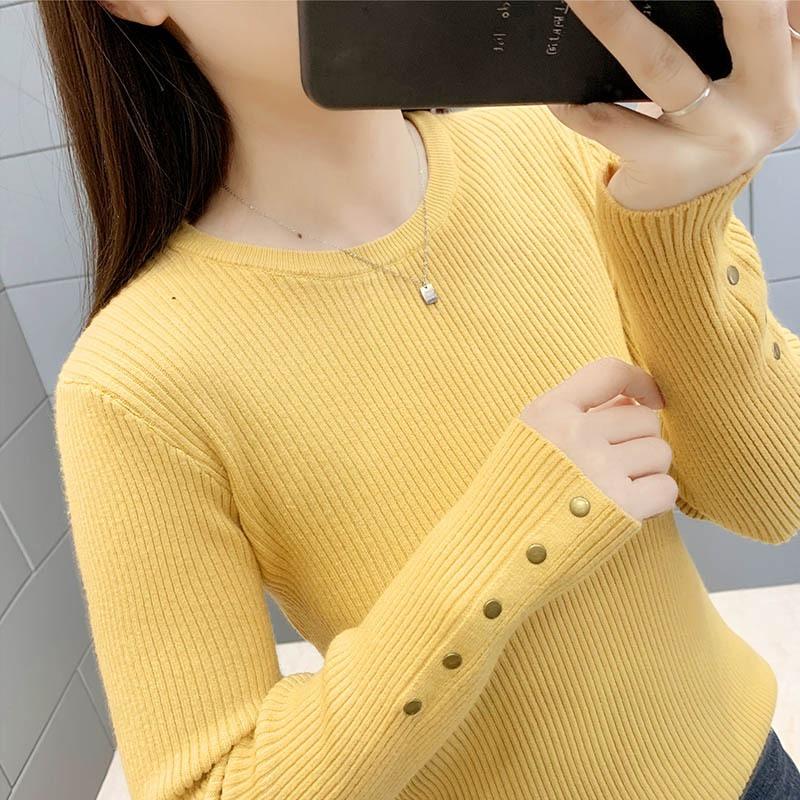 

Вязаная базовая рубашка женское нижнее белье осень и зима новая облегающая и тонкая с круглым вырезом с длинным рукавом свитер топ One size fits all [recommended 80-60kg] жёлтый