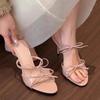 Fashion Slip Strap High Heels Summer New Round Toe Open Toe Versatile Beautiful Bow Non-slip Slide Slippers