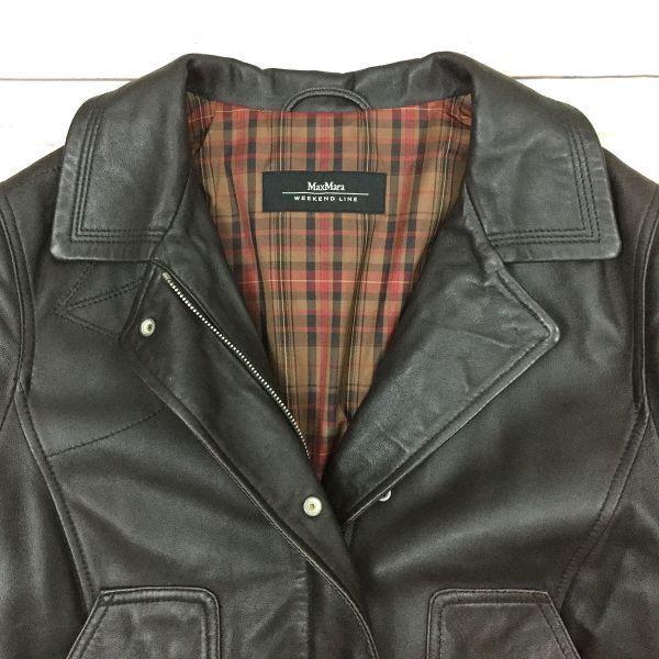max mara Leather Rider Jacket/M/Dark Brown/Check Lining/Biker Style(USED)