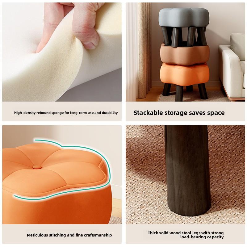 Wooden Low Stool Luxury Flower-Shaped Solid Wood Ottoman Sturdy Durable Seating Bench for Living Room Long-Time Sitting