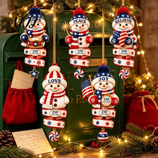 Indoor Outdoor Festive Decor 2026 Patriotic Snowman Christmas Ornament, Acrylic Hanging for Tree, Tree Ornament Holiday Pendant Home Party Accessory