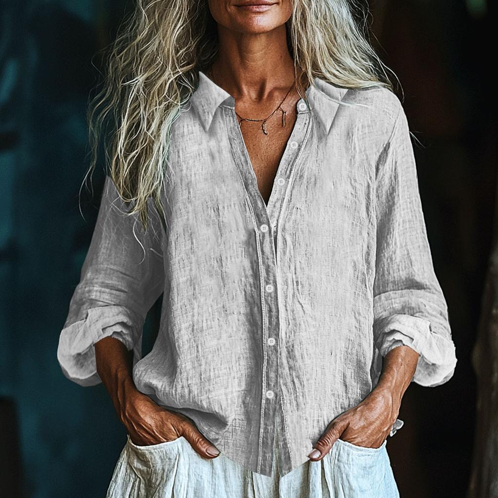 Women's Fashionable And Casual Solid-color Long-sleeved Cotton And Linen Shirt Top