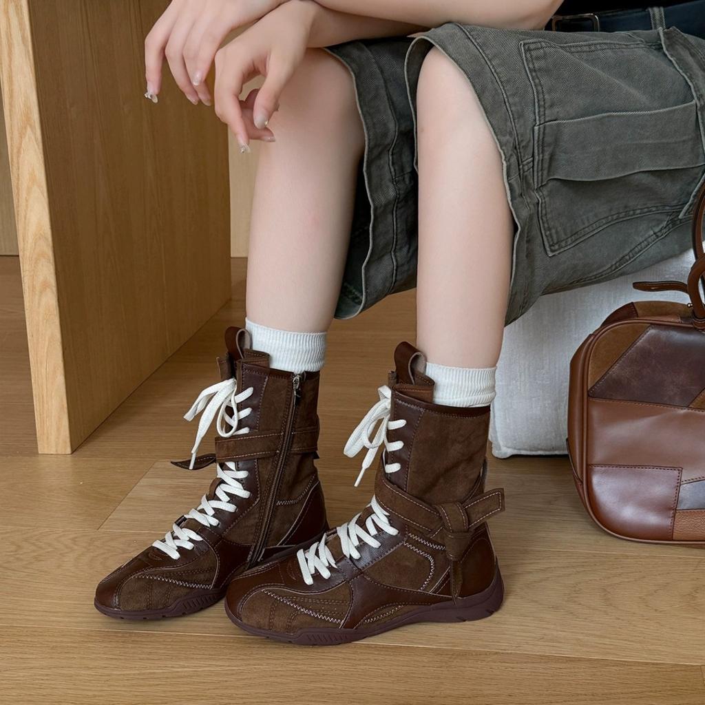 Rindslederversion Retro-Mode Martin Stiefel lässige Sport-Kurzstiefel vielseitige Boxstiefel runde Spitze mittelhoher Schaft Westernstiefel Damen