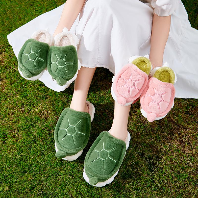 Creative Cute Turtle Cotton Slippers for Kids - Warm, Plush, Thick-Soled Winter Indoor Shoes