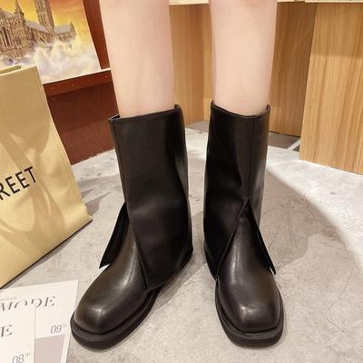 Neuheit Damenstiefel Mid-Calf-Stiefel Niedrigabsatzstiefel Slipper Herbst Winter Retro Britischer Stil Damenstiefel Botas De Mujer