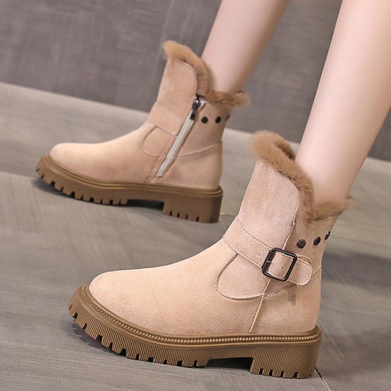 fashion Winter Warm Thick Plush Snow Boots Women Rivet Decor Low Heels Ankle Boots Woman Buckle Strap Non Slip Platform Botas Mujer 2024