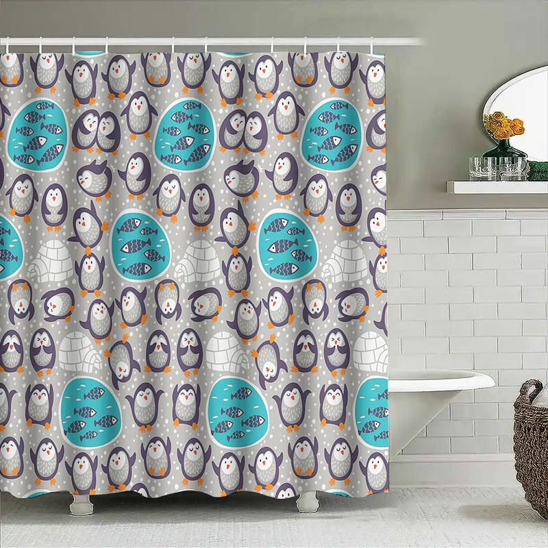 Cute Penguin Shower Curtain Waterproof Farmhouse Bathroom Decor Set Blue Gray Modern Coastal Ocean Animal Pattern Fabric Backdro