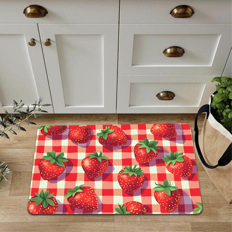 1pc Strawberry & Checkered Design 8mm Thick Polyester Floor Mat - Machine Washable, Rectangular Mat for Kitchen, Bathroom, Livin