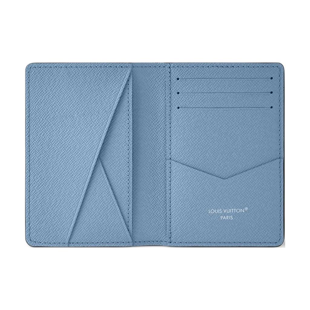 Louis Vuitton Pocket Organizer Logo Flap Closure Monogram Coated Canvas Taiga Leather Wallet Men Wallet Sky-Blue M14112