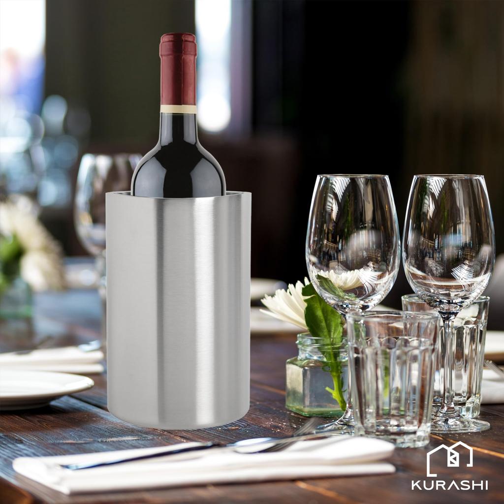 KURASHI Wine Cooler, Tabletop, Stainless Steel, Double-Walled, Champagne Bottle Cooler, Diameter 12cm x Height 19cm