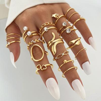 2023 Dinner Fashion Ring Set Love Hollow Out Luxury Diamond Pearl Ring Set Multi Layered Wheat Snake Butterfly Pendant Rings 20 Pcs Gold