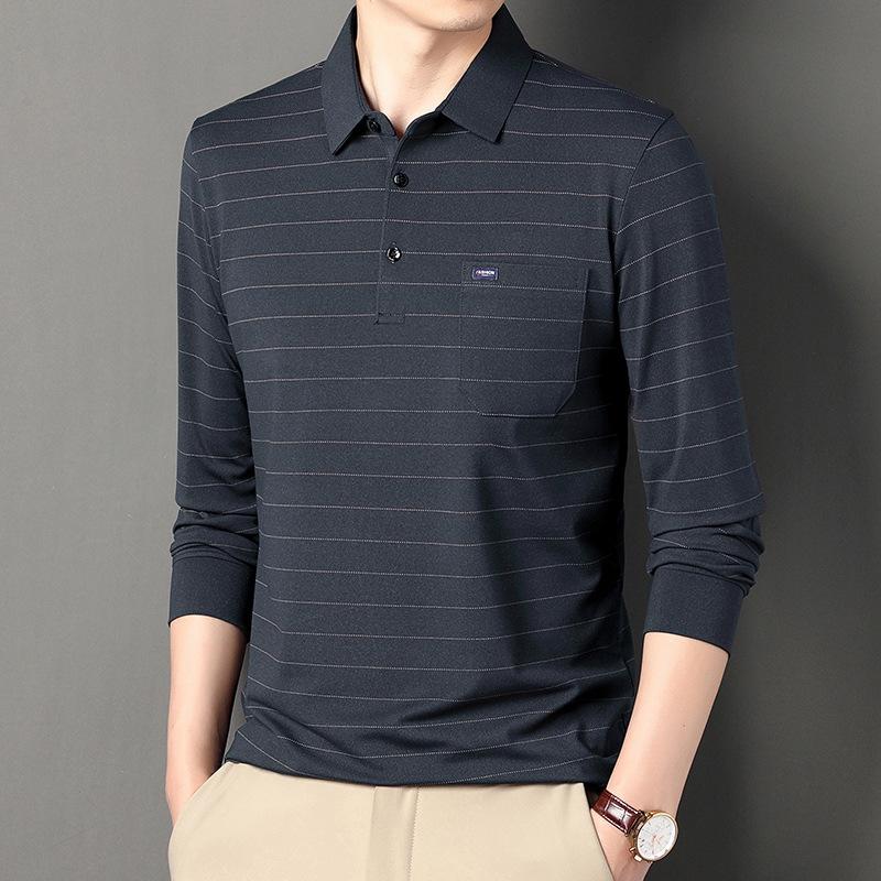 Maglietta Polo Colletto Manica Lunga Uomo Rigata Moda Uomo Maglia Base Capo Sopra