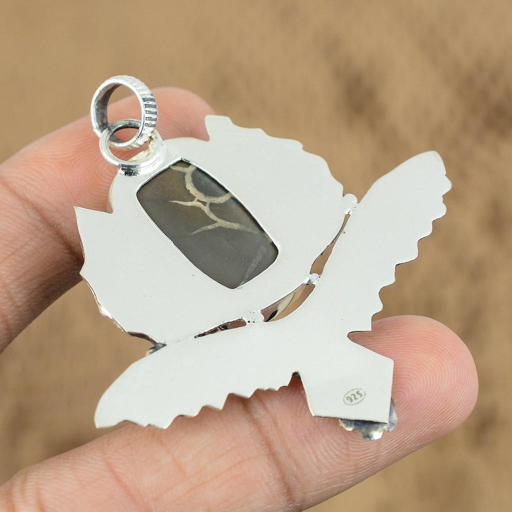 Wedding Gift For Her 925 Silver Natural Moroccan Mud Crack Fossil Pendant Owl