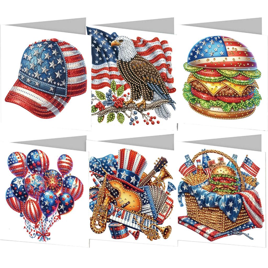 6pcs DIY Independence Day USA Flag Rhinestone Diamond Art Mosaic Postcards Diamond Art Greeting Cards for Independence Day