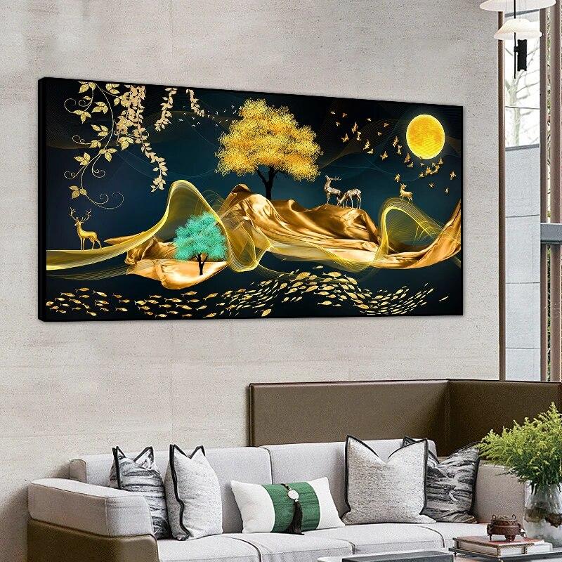 Abstract Landscape Canvas Painting Golden Elk And Trees Canvas Wall Art Posters and Prints Pictures for Living Room Frameless