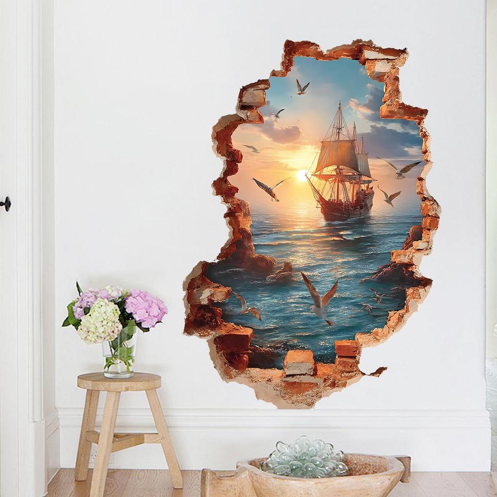 3D Wall Breaking Sailboat Sea View Living Room Bedroom Entrance Beautification Background Wall Sticker