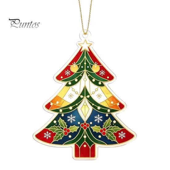 Artistic Window Display Accessory 2D Flat Acrylic Christmas Tree Ornament, Vintage Stained Ornament Glass Style Hanging Pendant, Festive Holiday Decor