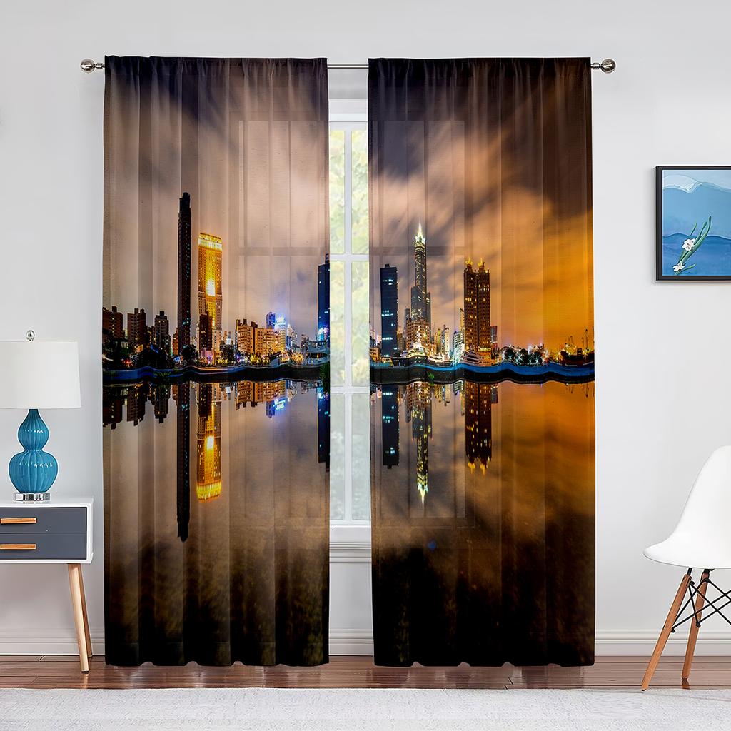 San Francisco Bay Bridge Stadsbild Skir Voilegardin USA Stad Natt Skyline Sceneri Utsikt Transparent Chiffong Tyllgardiner