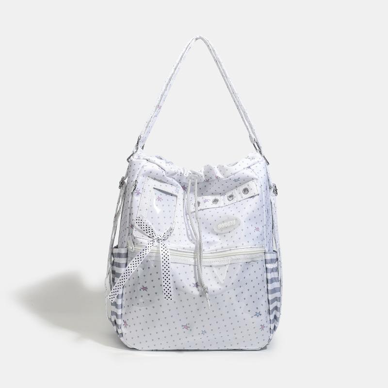 Y2k Ita Bag Large Capacity Tote Bag Star Dot Print Japanese Backpack Girl Srtiped Pocket Drawstring College Student Shoulder Bag