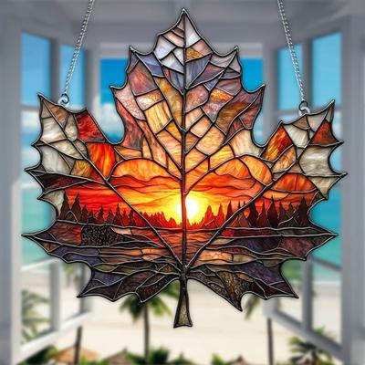 Akçaağaç Yaprağı Güneş Yakalayıcı Gün Batımı Asılı Dekorasyon Vitray Tarzı Akrilik Süs Yatak Odası Mutfak Pencere Balkon için