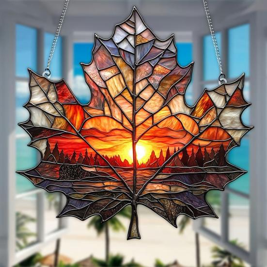 Maple Leaf Sun Catcher Sunset Hanging Decoration Stained Glass Style Acrylic Ornament for Bedroom Kitchen Window Balcony