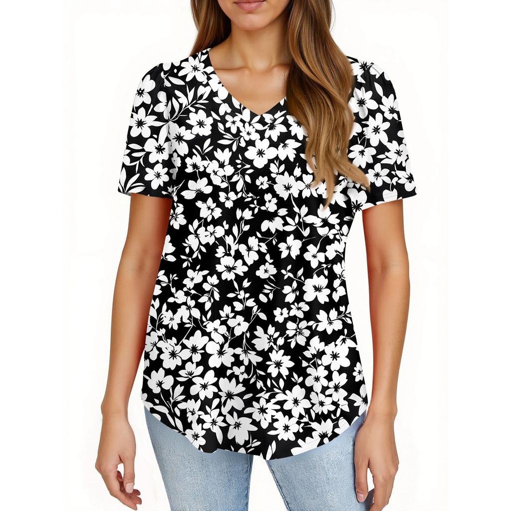 Women's Fashionable Casual Short Sleeve Print V-Neck Pullover Top