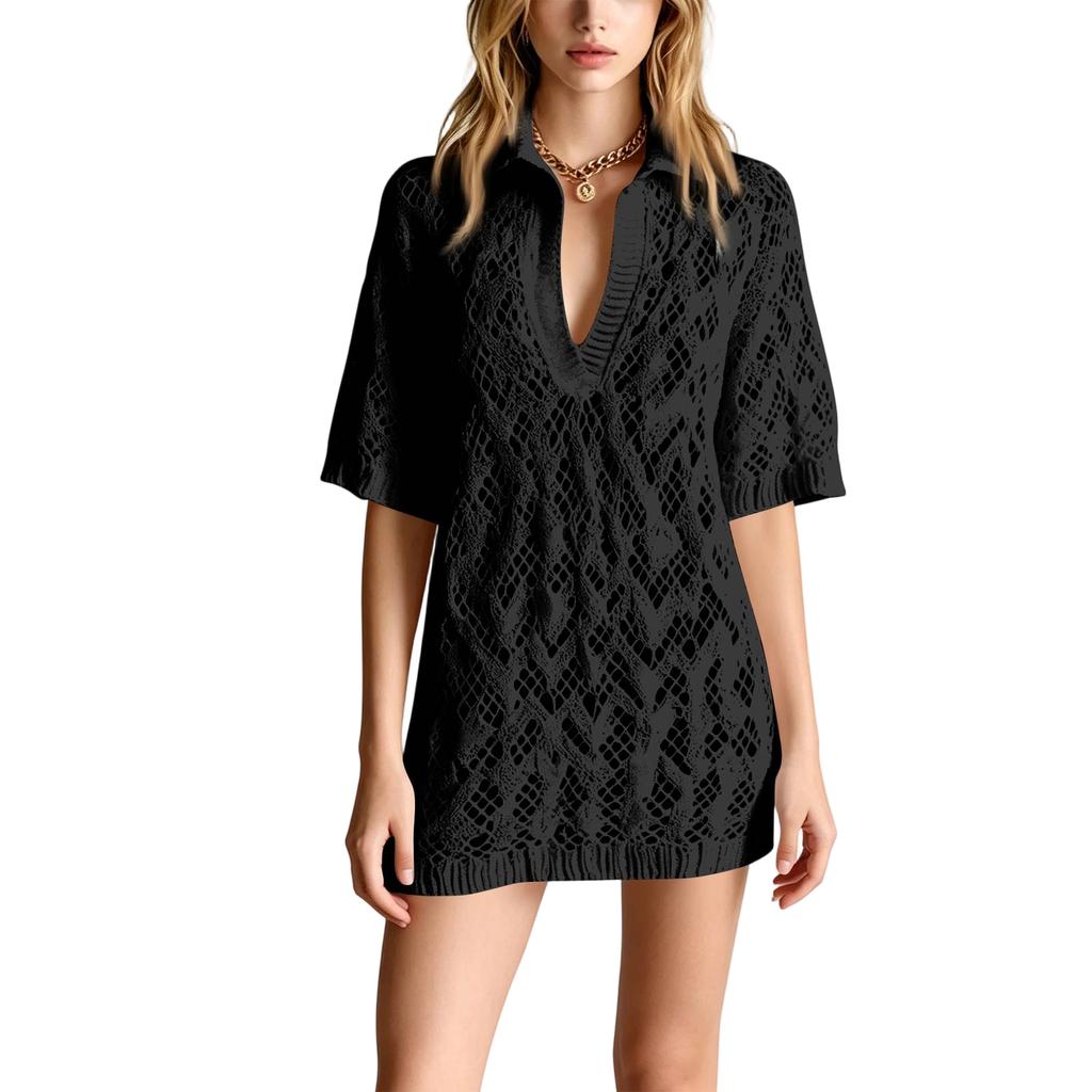 Casual V Neck Collared Short Sleeve Loose Fit Hollow Knit Mini Dress Lightweight Breathable Summer Wear