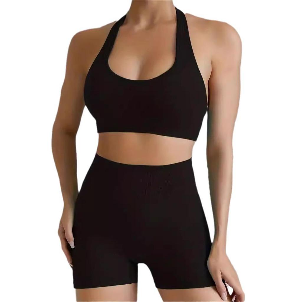 Seamless Knitted Halter Neck Two-Piece Sports Set for Women - Includes Back Detail Short Sleeve Top and Bra with Chest Pads, Plus Shorts.