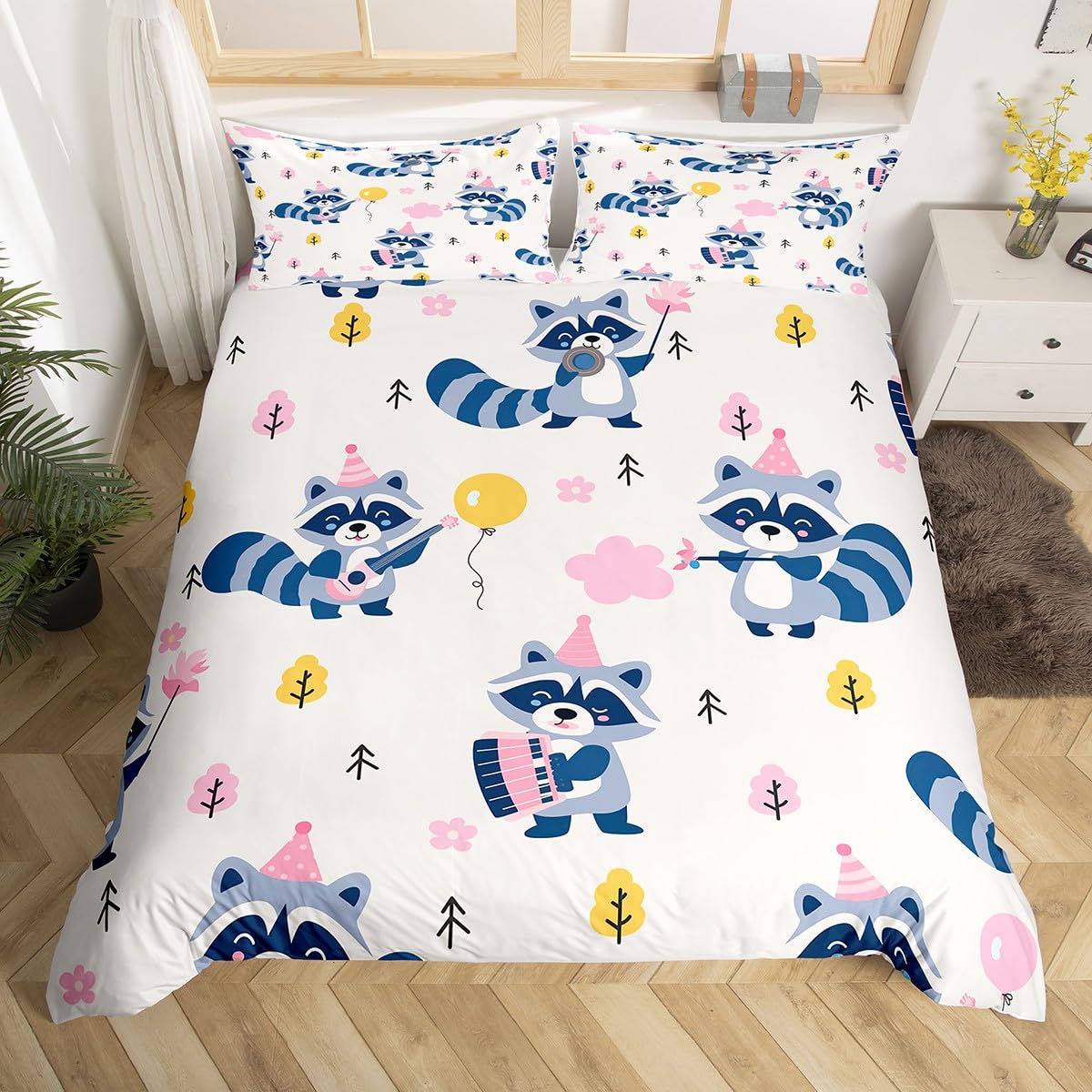

Cartoon Raccoon Bedding Set Cute Raccoon Duvet Cover for Kids Boys Girls Raccoon Lover Gift Wildlife Comforter Cover Twin Queen EU Single(135*200cm)3pcs