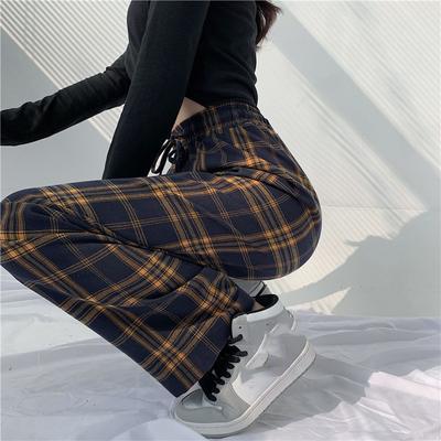 Spring and Autumn Women's High Waist Loose Plaid Straight Wide Leg Pants
