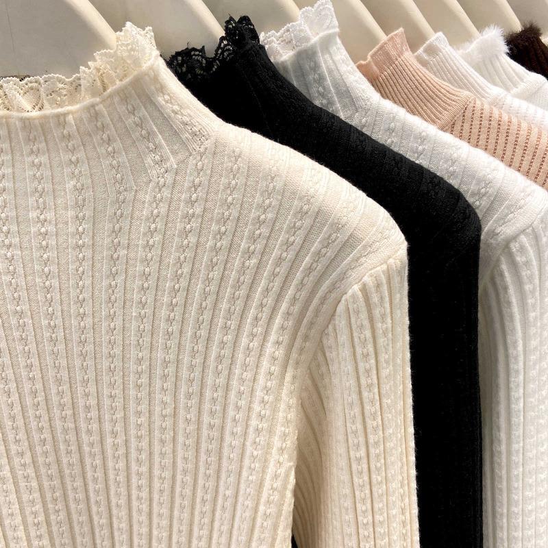 Spring Lace Splicing Semi-turtleneck Knitted Sweater Women's Design Sense Slim Fit Bottoming Shirt Sweet Wind Sweater