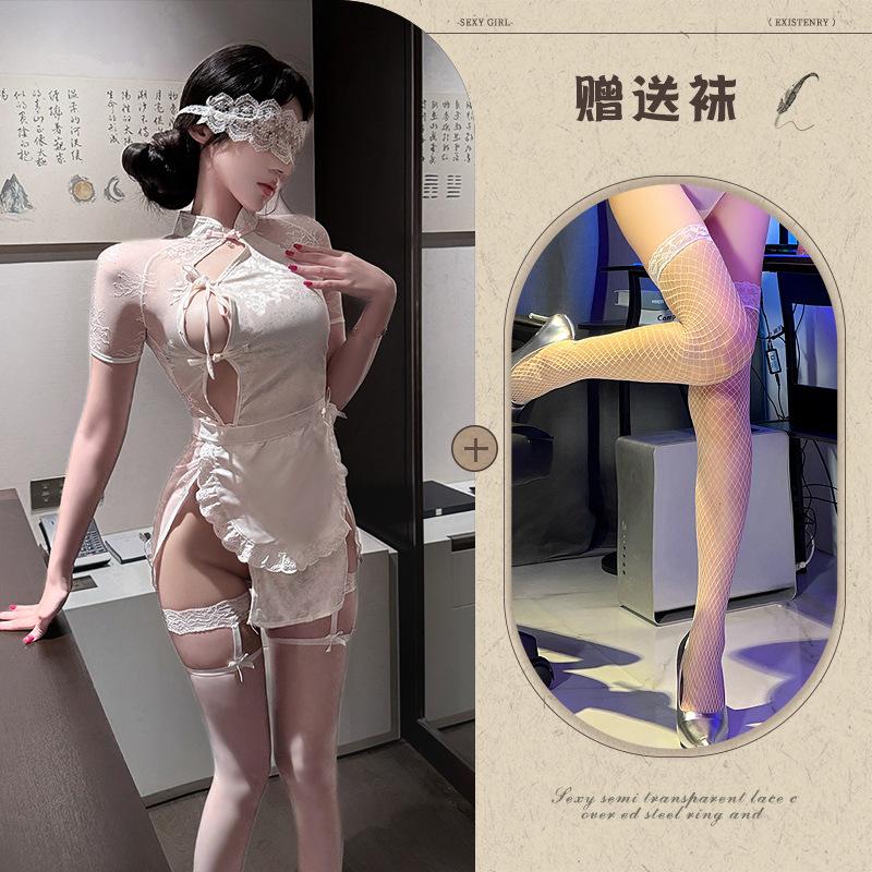 Sexy Women's Summer New Chinese Lace Temptation Cheongsam Uniform Nightdress Retro Hollow Back