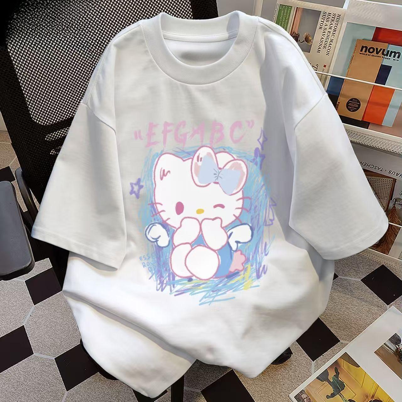 

Sanrios 2026 Summer New Collection HelloKitt Graffiti Cartoon Print Pure Cotton Breathable Womens ShortSleeved TShirt S