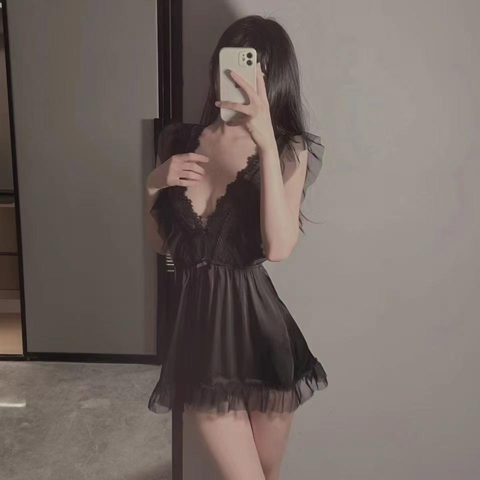 

Sexy lingerie nightgown women s four seasons small breasts temptation pure desire spring and autumn lace suspender pajamas free size【 40-60kg 】