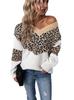 V-Neck Color Block Leopard Print Knit Sweater - Women's Autumn/Winter 2023 Collection