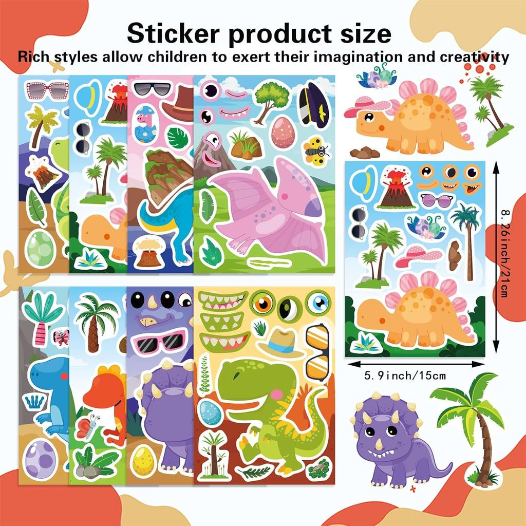 24 Sheets Dinosaur Stickers, Make Your Own Dino Stickers for Kids Boys Girls Toddlers, Make a Face Stickers Dinosaur Theme Birthday Party Favor