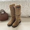 Fashion solid color retro suede cowboy boots women's 2025 autumn and winter new buckle tall thick heel thin fashion boots